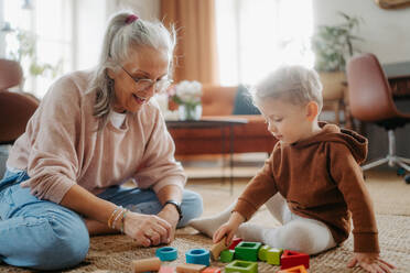 Grandmother playing with her little grandson, building a block set in his room. - HPIF34905