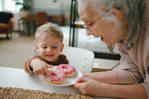 Kleiner Junge isst süßen Snack mit seiner Großmutter. - HPIF34917