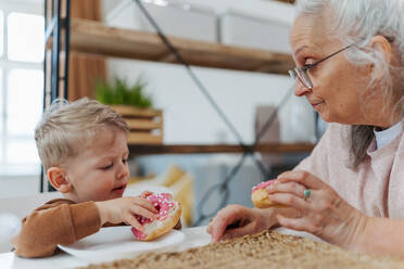 Kleiner Junge isst süßen Snack mit seiner Großmutter. - HPIF34919