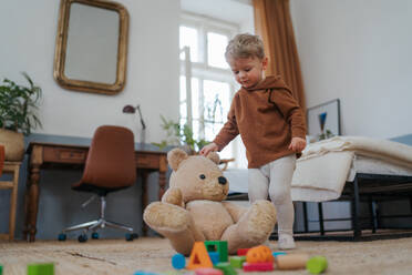 Kleiner Junge spielt mit einem Bären und Würfeln zu Hause. - HPIF34930