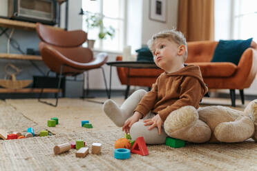 Little boy sitting on carpet and playing with the cubes. - HPIF34931