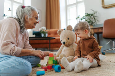 Grandmother playing with her little grandson and teddy bear. Playing with colorful wooden blocks. - HPIF34933