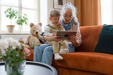 Großmutter, die mit ihrem Enkel auf einem digitalen Tablet ein Märchen anschaut. - HPIF34953