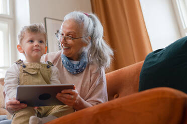 Großmutter, die mit ihrem Enkel auf einem digitalen Tablet ein Märchen anschaut. - HPIF34957
