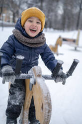Happy boy riding on rocking horse in winter park - ANAF02546