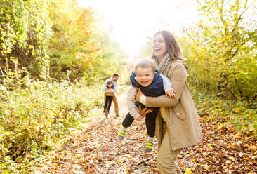 Schöne junge Familie auf einem Spaziergang im Wald. Mutter und Vater mit ihren Söhnen in warmer Kleidung draußen in der bunten Herbstnatur. - HPIF35567