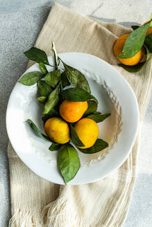 Fresh tangerines on a classic white plate over a textured beige napkin, conveying rustic charm and simplicity. - ADSF50384