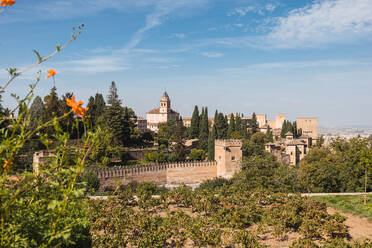 Idyllischer Blick auf die alte berühmte Festung Alhambra, umgeben von üppigen grünen Bäumen vor blauem Himmel an einem bewölkten Tag in Granada, Spanien - ADSF50451