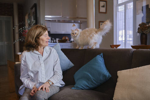 Mature woman with Persian cat on sofa at home - MMPF01090