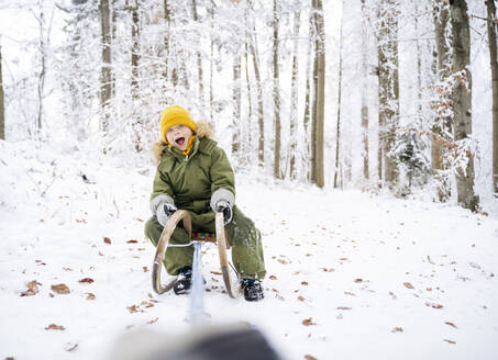 Excited boy sledding on snow at winter forest - NJAF00714