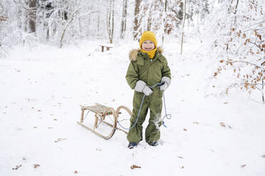 Happy boy standing near sled at winter forest - NJAF00715