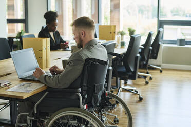 Businessman in wheelchair working on laptop in office - DSHF01461