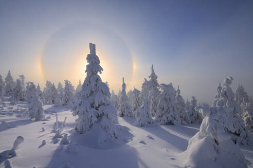 Germany, Saxony, Halo over snow-covered landscape of Ore Mountains - RUEF04254
