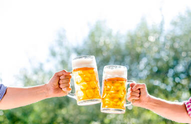 Hands of two unrecognizable men holding mugs of beer, clinking. Oktoberfest. Sunny summer garden. - HPIF35964