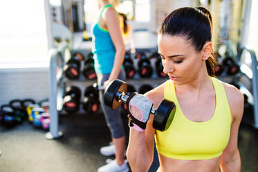 Zwei attraktive, fitte Frauen im Fitnessstudio, die mit Gewichten trainieren - HPIF35982