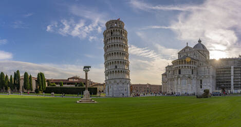 View of Pisa Cathedral and Leaning Tower of Pisa at sunset, UNESCO World Heritage Site, Pisa, Province of Pisa, Tuscany, Italy, Europe - RHPLF30088