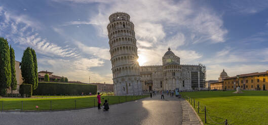 View of Pisa Cathedral and Leaning Tower of Pisa at sunset, UNESCO World Heritage Site, Pisa, Province of Pisa, Tuscany, Italy, Europe - RHPLF30090