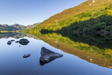 Morgendliche Spiegelungen im See, Llyn Crafnant, Snowdonia National Park, Wales, Vereinigtes Königreich, Europa - RHPLF30178