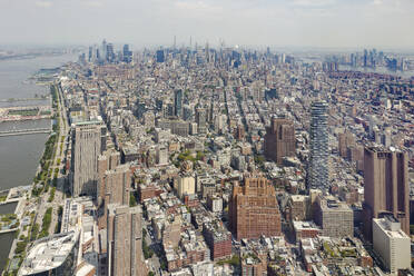 Looking over the length of New York City from the One World Observatory with the Hudson River to the West and Long Island City to the north east, New York City, United States of America, North America - RHPLF30196