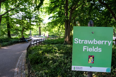 Blick auf das Strawberry Fields Memorial, ein landschaftlich gestalteter Bereich zum Gedenken an das ehemalige Beatles-Mitglied John Lennon, der den Song Strawberry Fields Forever schrieb, Central Park, Manhattan, New York City, Vereinigte Staaten von Amerika, Nordamerika - RHPLF30315