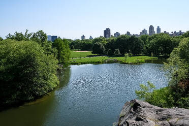 Turtle Pond (Schildkrötenteich), ein zwei Hektar großes Gewässer am Fuße des Belvedere Castle, beliebt zum Entspannen und Picknicken im Central Park, Manhattan Island, New York City, Vereinigte Staaten von Amerika, Nordamerika - RHPLF30320
