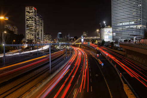 Tel Aviv skyline photo at night, with view of Ayalon highway, Tel Aviv, Israel, Middle East - RHPLF30343