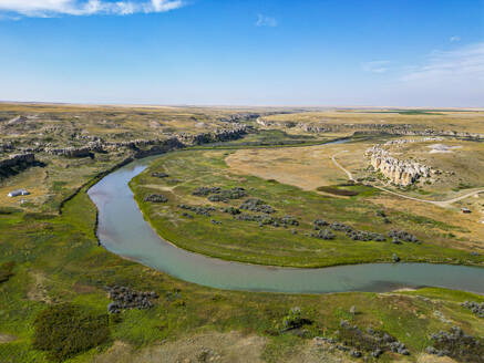 Aerials of Hoodoos along the Milk River, Writing-on-Stone Provincial Park, UNESCO World Heritage Site, Alberta, Canada, North America - RHPLF30707