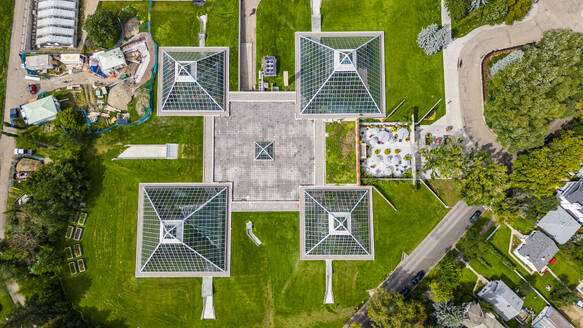 Aerial of the Muttart Conservatory, Edmonton, Alberta, Canada, North America - RHPLF30758
