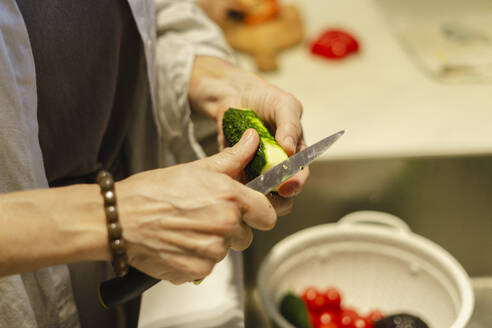 Mature woman cutting cucumber with knife at home - SEAF02129