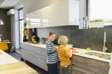 Girl and boy preparing food in kitchen at home - SEAF02133