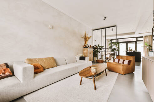 Lange bequeme Couch mit hölzernem Couchtisch und Stuhl im geräumigen Wohnzimmer einer modernen Wohnung - ADSF50745