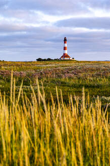 Deutschland, Schleswig-Holstein, Westerhever, Leuchtturm Westerheversand in der Abenddämmerung - EGBF00966