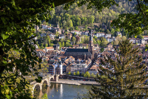 Germany, Baden-Wurttemberg, Heidelberg, Old town buildings with Neckar river in foreground - EGBF00988