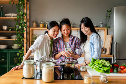 Happy beautiful chinese women friends bonding at home and cooking delicious meal together- Playful pretty asian female adults meeting and having fun at home, concepts about lifestyle, domestic life and friendship - DMDF07953