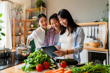 Glücklich schöne chinesische Frauen Freunde Bonding zu Hause und kochen köstliche Mahlzeit zusammen- Playful hübsche asiatische weibliche Erwachsene treffen und Spaß haben zu Hause, Konzepte über Lifestyle, häusliches Leben und Freundschaft - DMDF07968