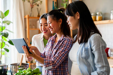 Glücklich schöne chinesische Frauen Freunde Bonding zu Hause und kochen köstliche Mahlzeit zusammen- Playful hübsche asiatische weibliche Erwachsene treffen und Spaß haben zu Hause, Konzepte über Lifestyle, häusliches Leben und Freundschaft - DMDF07971