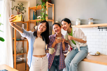 Happy beautiful chinese women friends bonding at home - Playful pretty asian female adults meeting and having fun at home, concepts about lifestyle, domestic life and friendship - DMDF07981