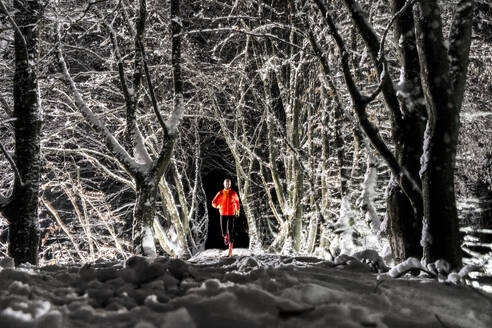 Mann läuft auf Schnee unter Bäumen im Winterwald bei Nacht - STSF03807