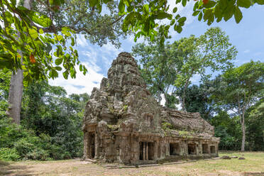 The weathered stone remnants of a historic Khmer temple, embraced by the dense Cambodian forest, showcasing the legacy of the Angkor civilization. - ADSF50821