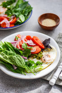 Frischer Keto-freundlicher Frühstücksteller mit Eiern, Spinat, Tomaten und anderem Gemüse auf einem strukturierten Hintergrund. - ADSF50825