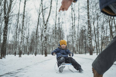 Vater schlittelt mit seinem Sohn auf Schnee im Winterpark - ANAF02608