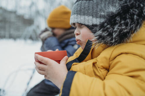 Brothers drinking tea in winter - ANAF02612