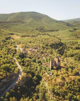 Aerial view of the abandoned village of Ruesta, Aragon, Spain. - AAEF24774