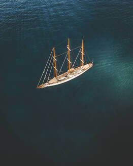 Aerial view of a sailboat near Port Andratx, Mallorca, Baleares, Spain. - AAEF24940