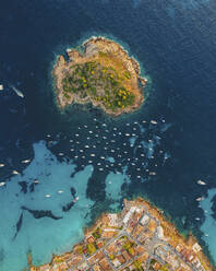 Luftaufnahme der Insel Es Pantaleu, mit dem Yachthafen von Sant Elm, Mallorca, Balearen, Spanien. - AAEF24951