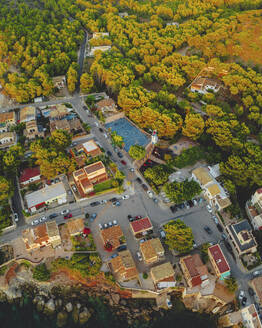 Aerial view of the football stadium of Sant Elm at sunset, Mallorca, Baleares, Spain. - AAEF24959