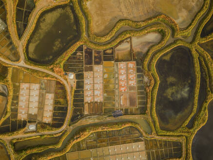 Aerial view of salt marshes at sunrise in Guérande, Loire-Atlantique, France. - AAEF24994