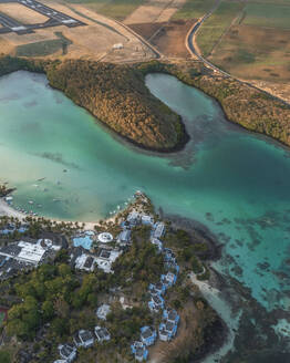 Arial view of a hotel and resort along the Blue Bay Marine Park coastline, Grand Port, Mauritius. - AAEF25101