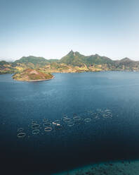 Luftaufnahme einer Fischfarm vor der Küste mit Bergen im Hintergrund, Grand Sable, Bezirk Flacq, Mauritius. - AAEF25111