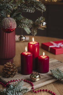 Red candles lit near potted Christmas tree on table - ALKF00915